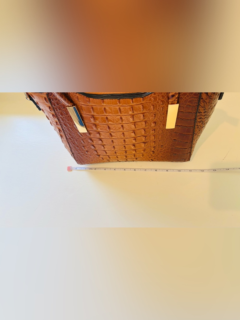 Croc-Embossed Shoulder Tote in Cognac Brown with Gold Accents and strap - Picture 7 of 15